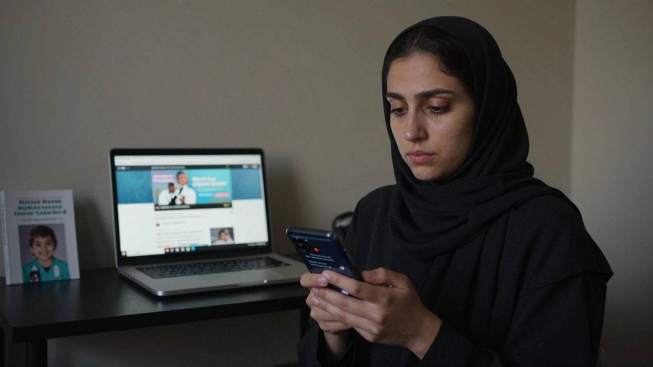 A woman in a modest apartment holds a phone, surrounded by study materials and a family photo, representing quiet resilience.