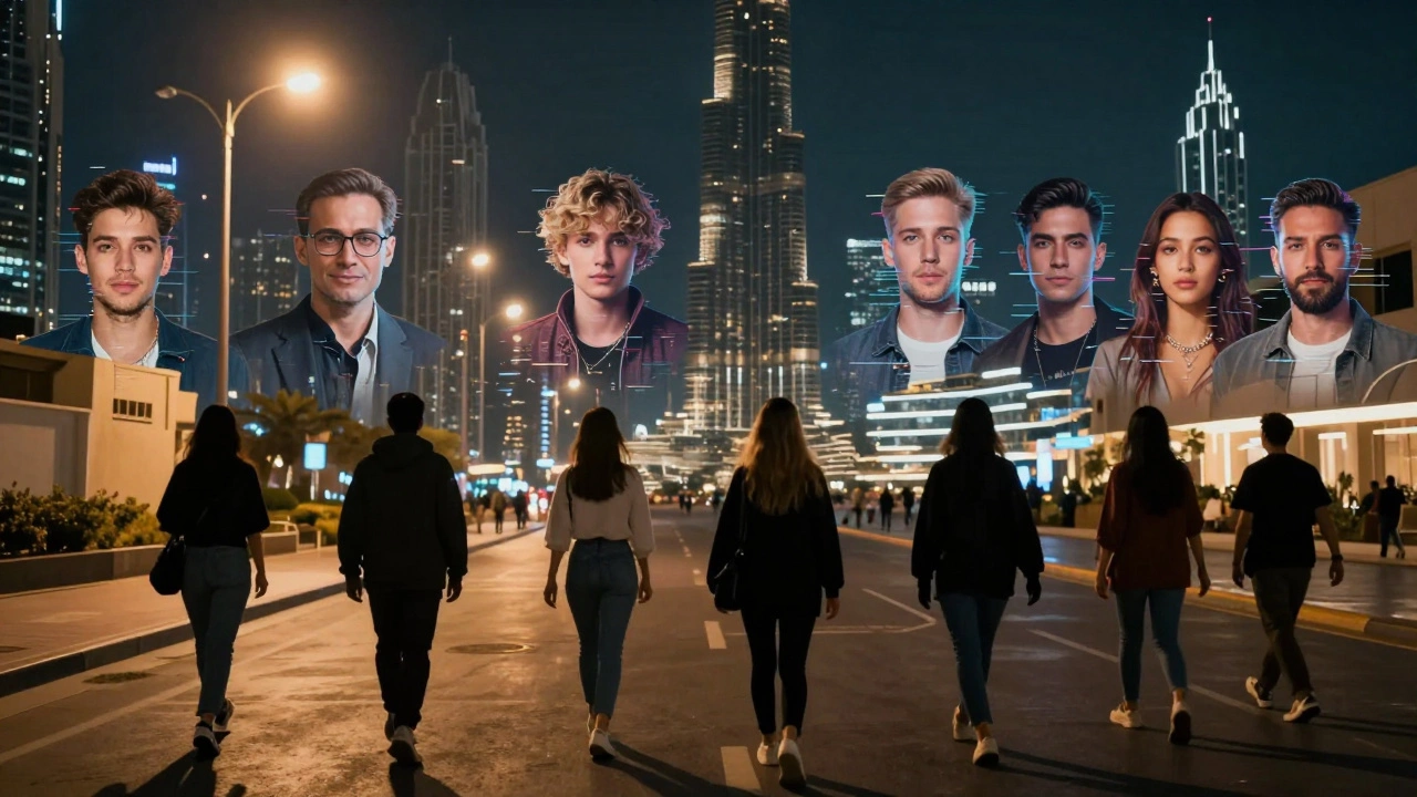 Dubai’s skyline fades into glitching celebrity faces, while real women walk unnoticed under streetlights at night.